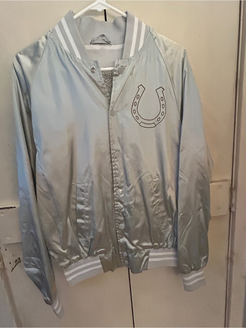 Rodeo Quincy Satin Silver Bronco Bomber Jacket with Horseshoe